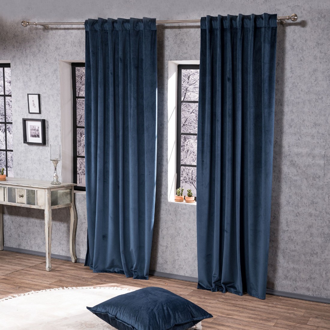 Βελούδινη Κουρτίνα Με Τρέσα 140x260 Velvet 04 Μπλε Teoran