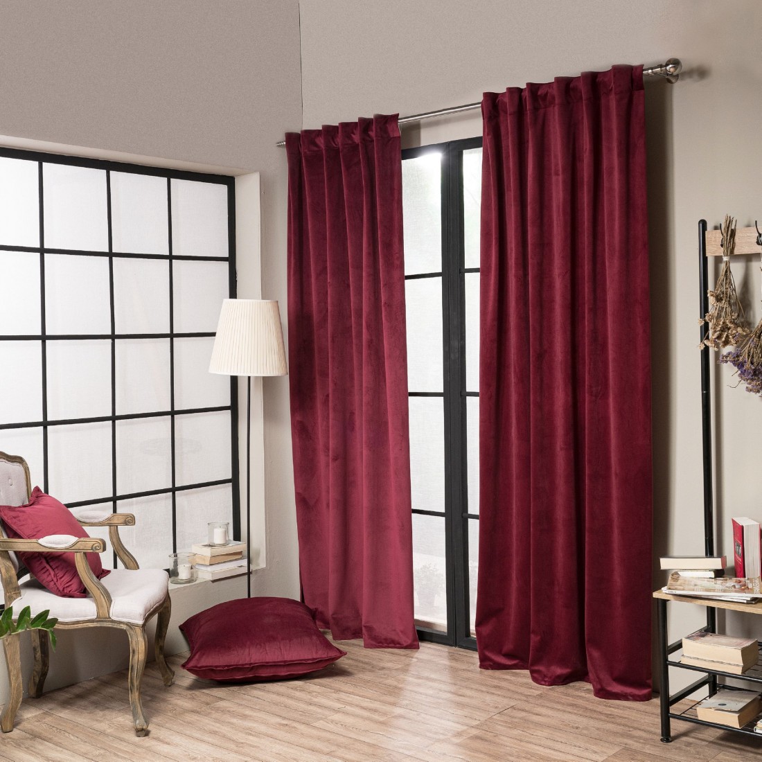 Βελούδινη Κουρτίνα Με Τρέσα 140x260 Velvet 10 Μπορντώ Teoran