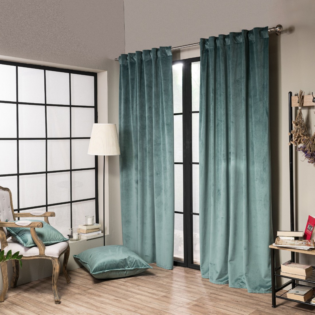 Βελούδινη Κουρτίνα Με Τρέσα 140x260 Velvet 15 Σκονισμένο Πράσινο Teoran