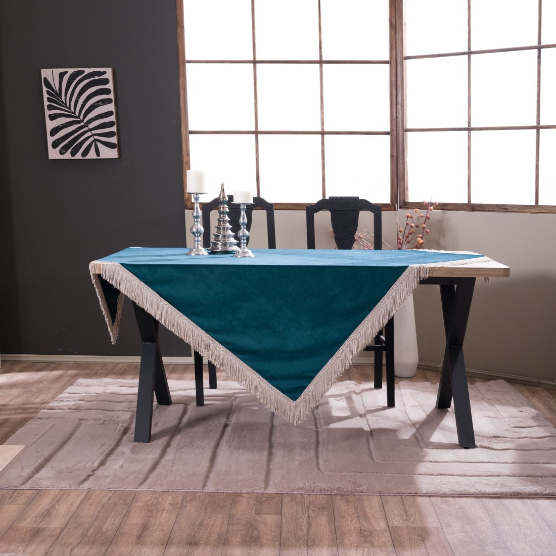 Βελούδινο Τραπεζομάντηλο 140x140cm Velvet 13 Πετρόλ Teoran