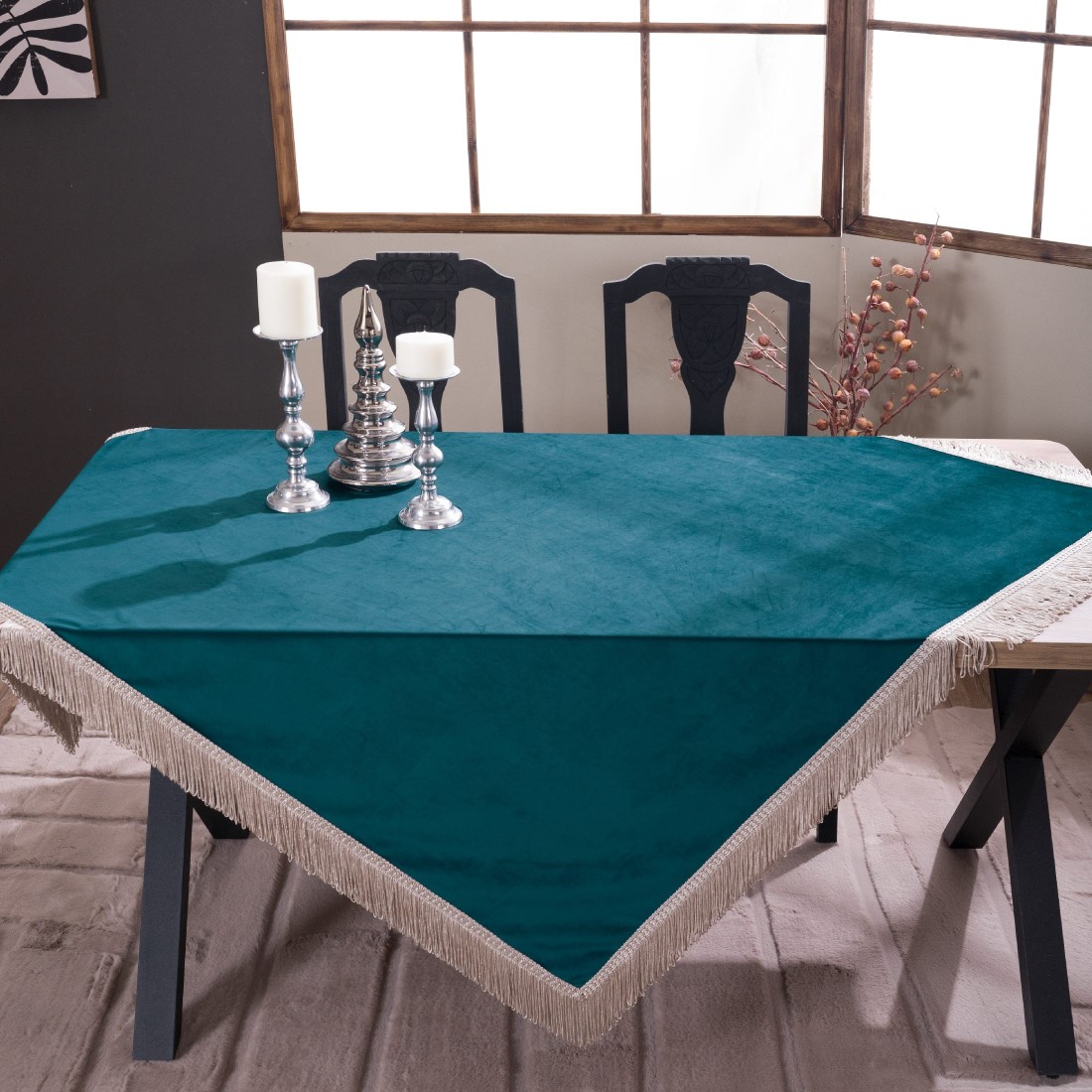 Βελούδινο Τραπεζομάντηλο 140x140cm Velvet 13 Πετρόλ Teoran